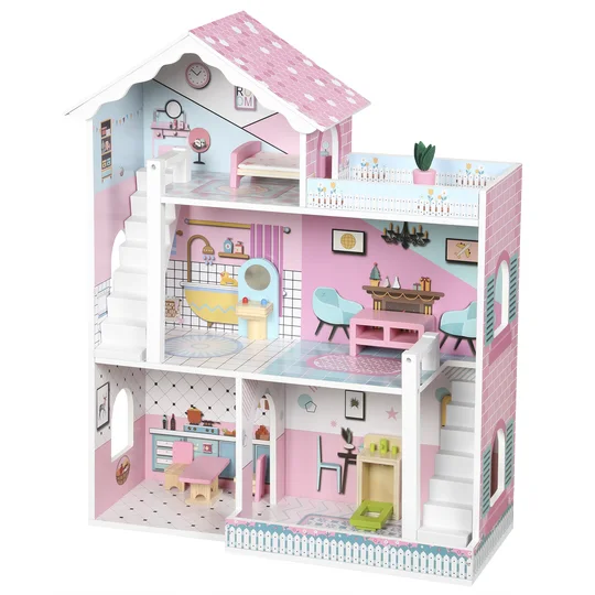 AIYAPLAY Maison de Poupée en Bois pour Enfants, Maison de Rêve Filles à 3 Étages avec Balcon, Escaliers et 10 Accessoires, Rose