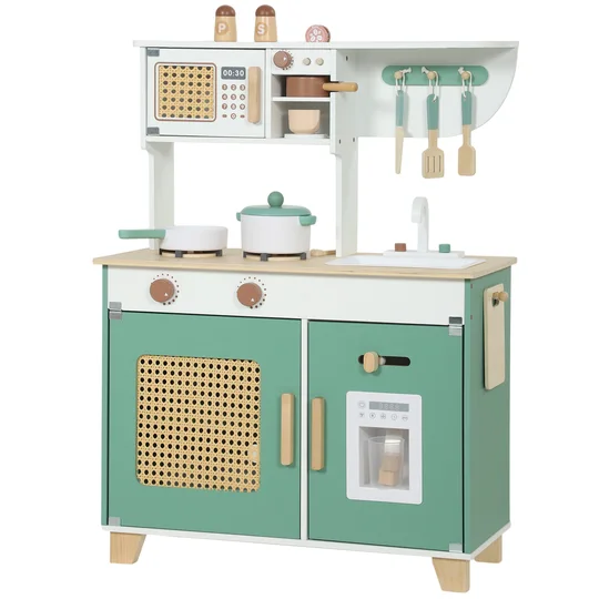 AIYAPLAY Cuisine Enfant en Bois 19 Accessoires, Cafetière, Machine à Glaçons, Micro-Ondes, Placard, 3-6 Ans, 61x27x79,7cm, Vert