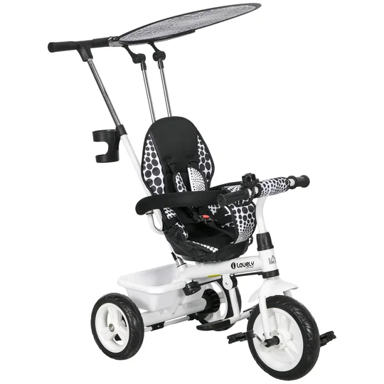 HOMCOM Tricycle Enfants Pare-Soleil Pliable Canne Amovible Benne Rangement 105 x 47 x 98 cm Acier Blanc et Noir