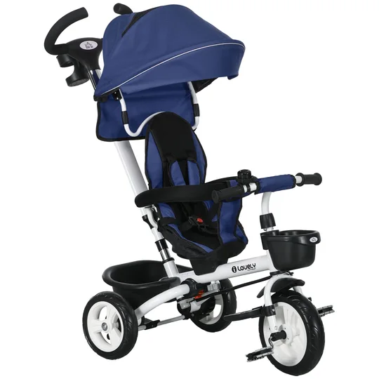 HOMCOM Tricycle 6 en 1 avec poignée parentale et siège réversible, 1–5 ans, bleu foncé et blanc