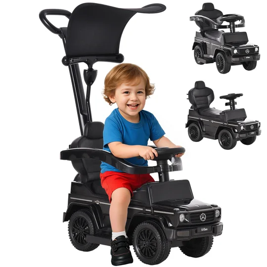 HOMCOM Porteur Voiture pour Enfant voiture à pousser, roues pour 12 à 36 mois en plastique noir incl. avec klaxon, avec ombrelle