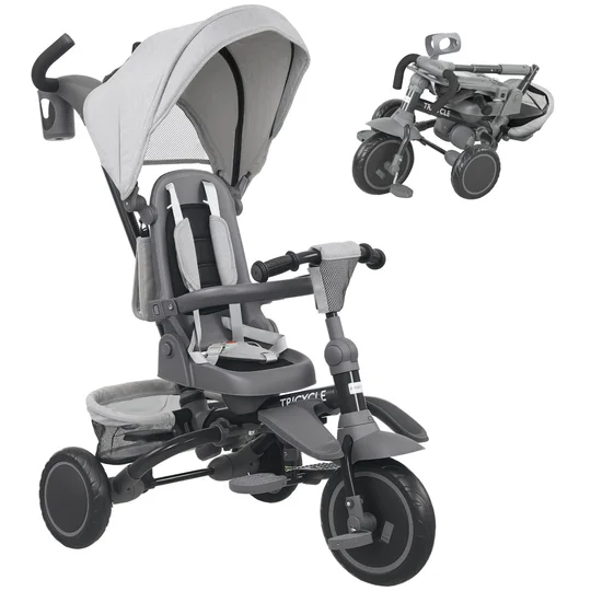 AIYAPLAY Tricycle bébé évolutif 6 en 1, tricycle enfant pliable avec poignée parentale réglable, siège pivotant 360°, gris