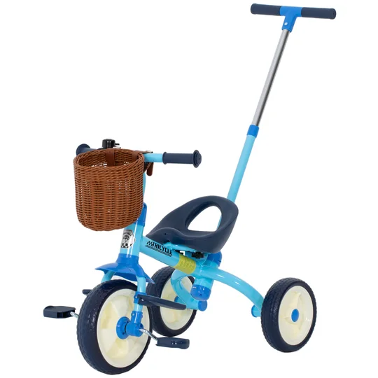 AIYAPLAY Tricycle pour bébés 2 en 1 pour 2-5 ans avec barre parentale, pédales antidérapantes, repose-pieds pliables et panier bleu