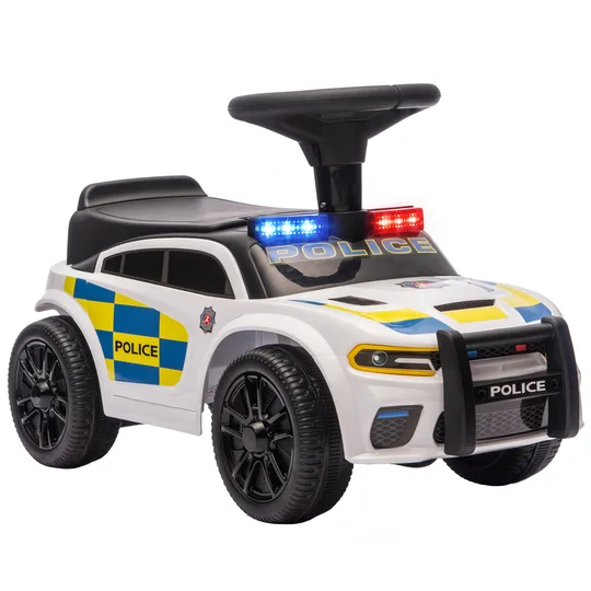 AIYAPLAY Voiture pousseuse enfant Police avec musique et lumière, protection anti-basculement & rangement sous le siège 18-36 mois Blanc
