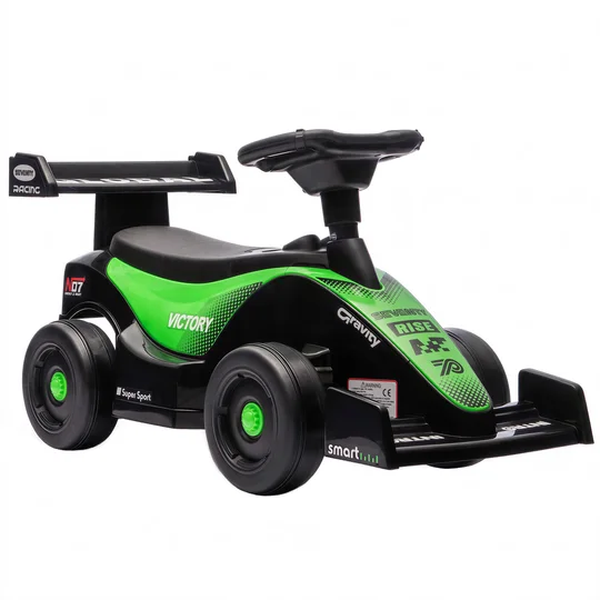 AIYAPLAY Porteur enfants voiture F1, véhicule à pousser avec volant musical, roues silencieuses et coffre, 18-36 mois, vert