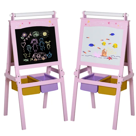 HOMCOM Tableau Enfant chevalet Enfant  Ardoise Double Face Tableau Blanc Tableau à Craie Rouleau Papier + paniers Rangement intégrés – MDF Rose
