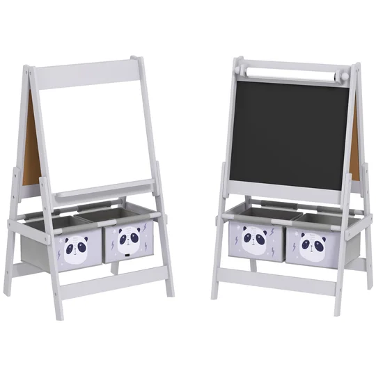 AIYAPLAY Tableau chevalet enfant ardoise double face tableau à craie rouleau papier 2 paniers 54 x 46,5 x 93 cm gris