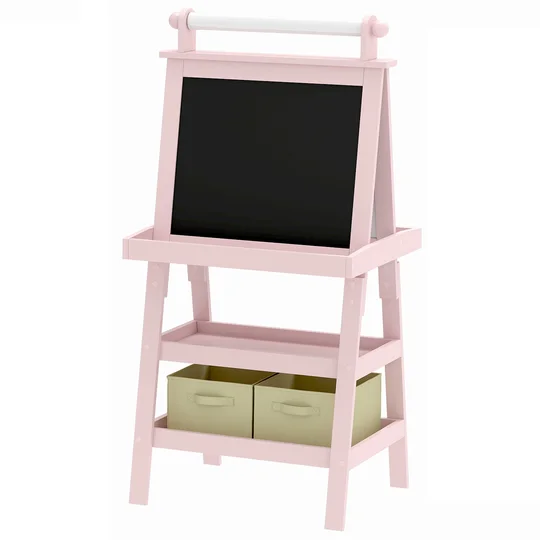 AIYAPLAY Tableau chevalet enfant 3 en 1 avec tableau blanc magnétique, tableau à craie, rouleau papier, 2 paniers, 3-6 ans, rose