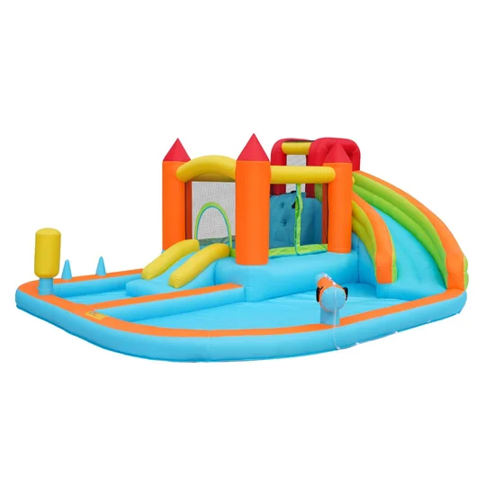 Château gonflable multifonctionnel avec toboggan aquatique, trampoline, panier de basket et pistolet à eau, pour utilisation sèche et humide, 460x343x190 cm, Orange