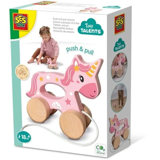 Licorne en bois 2 en 1 – A pousser et a tirer – SES CREATIVE – Licorne rose a pousser ou a tirer.